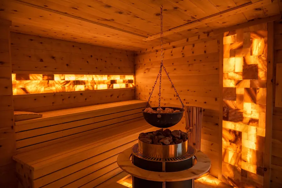 Sauna mit leuchtender Salzwand und Kessel
